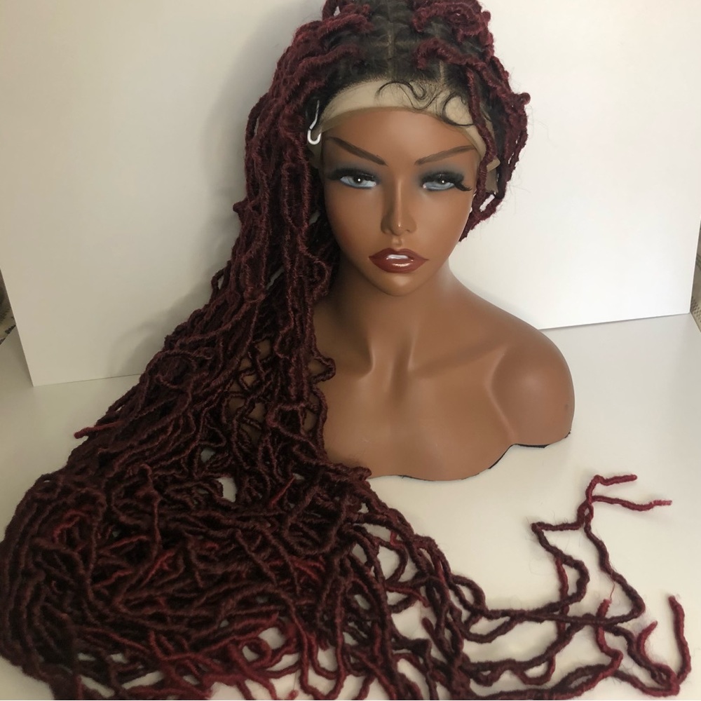 40” Full Lace Front Wig With Baby Hair Synthetic Locs Braid Wigs burgundy color